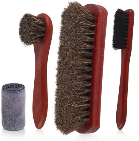 Horsehair Shoe Brush Kit - 4 Pcs Premium Cleaning Set With Microfiber Cloth for Leather Boots and Shoes Care - Polish Dauber Applicator With Edge Brush