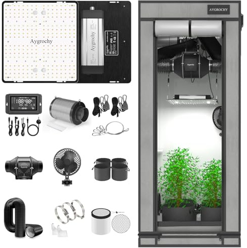 Aygrochy Growzelt Komplettset mit Central Integrated Controller. AVollspektrum-LED-Wachstumslampe EVO, 60 X60X160cm PEVA Hohe Reflektivität Grow Box Komplettset.