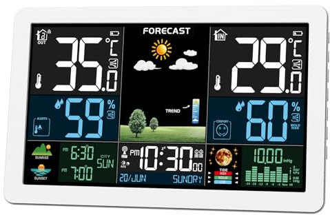 VOKSUN Wetterstation Funk mit Außensensor, Farbdisplay, Wecker mit Schlummerfunktion, Thermometer Hygrometer mit Wettervorhersage, Batteriebetrieb und Netzbetrieb, Weiß