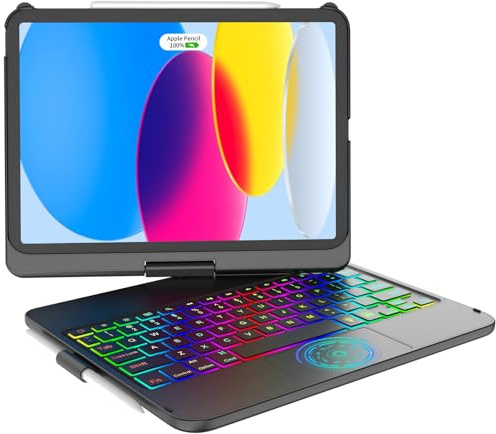 KARFUN Custodia con tastiera per iPad 11a/10a Gen, QWERTY Italiano | iPad 10a (10,9, 2022)& ipad 11a (A16 2025), Illuminazione a 10 Colori, 360° Tasitera cover con Touchpad, portapenne