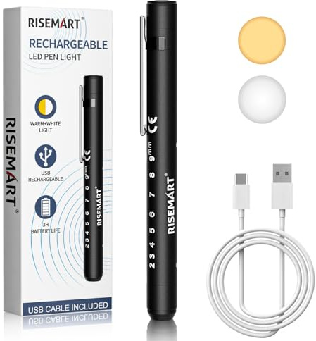 Pen Torch Rechargeable, RISEMART 1PCS Pen Light LED Pupil Gauge Pen Torches for Nurses & Doctors (Black)