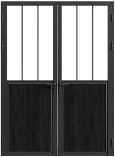 Vente-unique-Puerta de bloque reversible de doble hoja de aluminio y cristal templado tipo taller - 2 x Alt. 204 x L93 cm - Negro - ERMELO