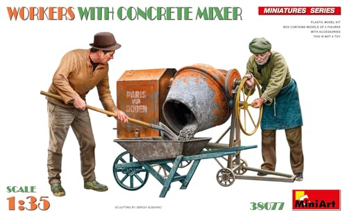 Miniart 38077 Set di figure in scala 1:35 di operaio edile con miscelatore (2) - riproduzione fedele, modellismo, kit in plastica, artigianato, hobby, incollaggio, kit modello, assemblaggio
