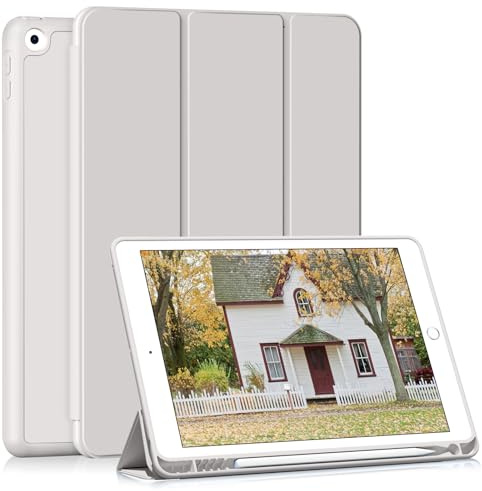 HMTDIYOU Hülle für iPad 9./8./7. Generation 10,2 Zoll, Grau | Schutzhülle mit Stifthalter für iPad 9. 8. 7. Gen 2021 2020 2019, Automatisches Schlafen/Aufwachen, Weiche Silikon Hülle