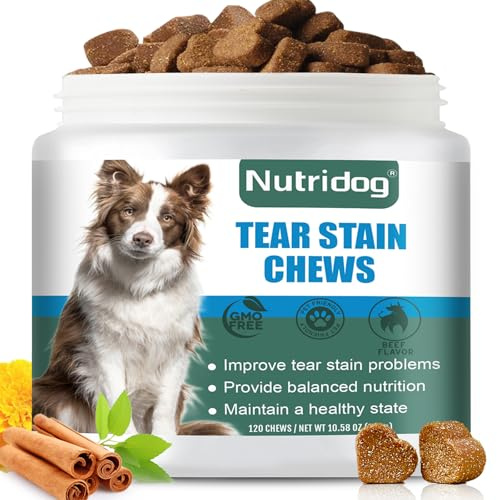 Nutridog Tear Stain Chews for Dogs - Dog Tear Stain Remover & Supplement with Antioxidant Blend, Vitamin C, Lutein - 120ct Beef Flavor Soft Chews for Eye Health & White Fur Care (ND-038)