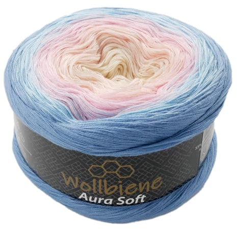 Wollbiene Aura Soft Farbverlaufsgarn 250g - 1000m - 4 Fädig gefacht Bobbel Strickwolle Häkeln Bobbel Wolle Farbverlauf, Strickwolle Mehrfarbig (709 blau rosa pastell)