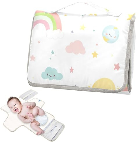 Wiederverwendbare wasserdichte Unterlage mit Taschentuchtasche, wasserdichte Wickelunterlage für Baby-/Kleinkind-Reisestation, Cartoon-niedlicher Regenbogen