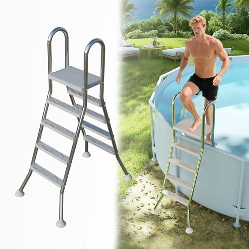 UISEBRT 304 rostfritt stål pallstege | pooltrappa med 4 steg | silver poolstege med halkskydd | Instegsstege för pool och poolhöjd upp till 135 cm | kan belastas upp till 150 kg