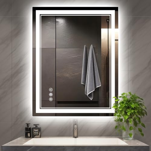 KQTULH Badspiegel mit Beleuchtung 60x80cm | LED Badezimmerspiegel mit Beleuchtung & Touch-Schalter | 3 Lichtfarben (3000K-6500K) stufenlos dimmbar | Entfogger-Funktion | bruchsicheres gehärtetes Glas