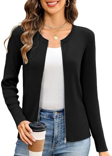 Totatuit Women's Long Sleeve Knitted Zip Up Sweater Lightweight Cardigan Crew Neck Tops Zipper Jacket Black M