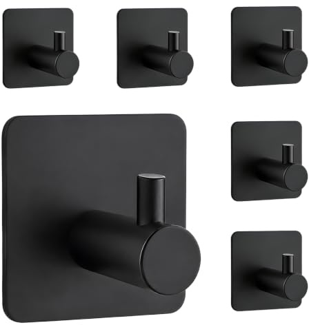 6 Handtuchhalter ohne Bohren, Klebehaken Schwarz Matt, Haken Selbstklebend | Extra Stark bis 10 kg, Edelstahl, Wasserfest für Badezimmer Küche Schlafzimmer WC, Klassische Premium Set