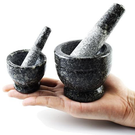 2 pcs Granite Mortar and Pestle Set, Miniature Grinder for Herbs, Asian Spices and Seeds for Thai, Chinese, Indian Cuisine Chefs and Home Cooks — (Grey 2 in and Grey 3 in.)