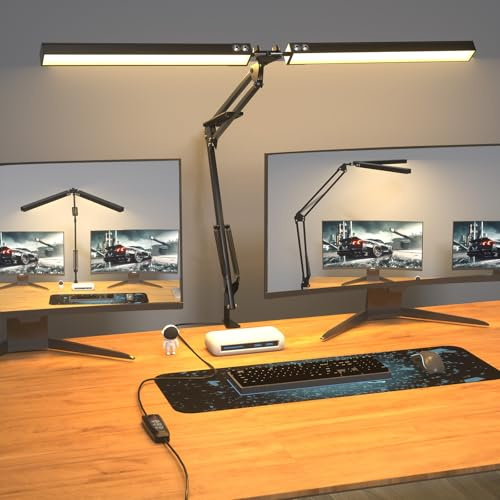 Lamptobe Lampe de bureau LED, Double tête avec clip, 2000 LM, 20W, 3 modes de température de couleur, 11 niveaux de luminosité - pour bureau, lecture, peinture