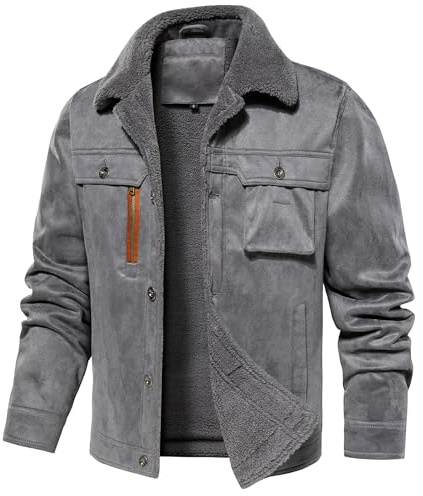 FEOYA Veste d'hiver Homme Simili Daim Doublure en Polaire Veste Chaude Manteau Cargo avec Col en Fourrure Synthétique Transition Coupe-vent l'extérieur Bomber Militaire Jacket Gris L