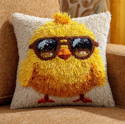 Kit Crochet De Verrouillage Tapis 43X43Cm Diy Broderie, Poulet Portant Des Lunettes De Soleil Kit Tapis Point Noué À Faire Pour Débutants,Adultes,Latch Hook Canevas Coussin Point De Croix