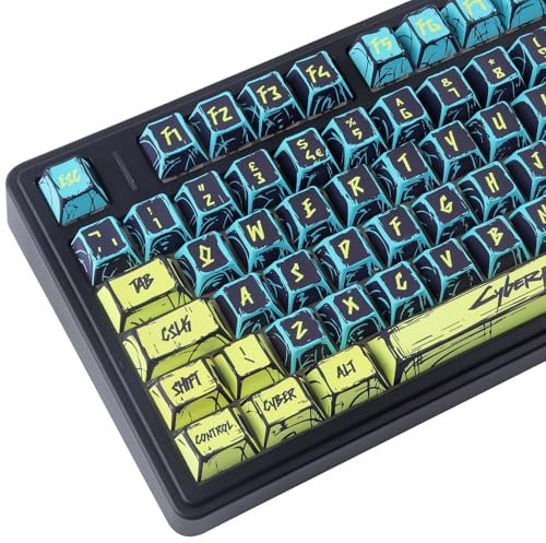 JakeTsai PBT Keycaps,142 Keys Dye Sublimation Cherry Profile Cyberpunk 2077 Manga Style Theme Keycap Set for Cherry Magnetic Switches ISO UK Layout Mechanical Keyboards