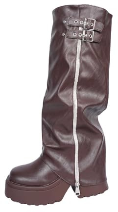 Generisch 2026 Botas altas hasta la rodilla de moda con puntera puntiaguda correas con hebilla, suela de plataforma gruesa para mayor comodidad en invierno, marrón, 40 EU