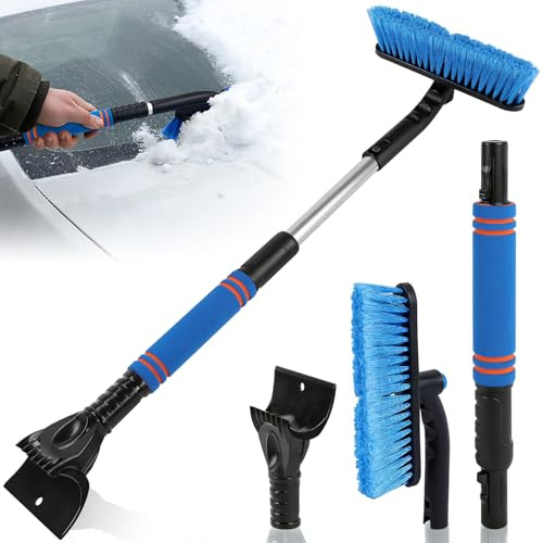 YIYICO Eiskratzer Auto mit Besen Ausziehbarer Schneebesen Auto 73cm Blau | Abnehmbarer Eisschaber Ergonomischem Schaumstoffgriff Autos Reinigungsbürste für Scheibenkratzer Autos LKW PKW SUV