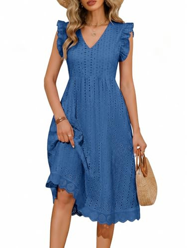 PASUDA Vestido Mujer Verano Casual Vestido Largo con Manga Volante Cuello V Elegante Cintura Alta A-Line Vestidos Hueco de Flores Jacquard Sólida Algodón Vestidos de Playa con Bolsillos (Azul, L)