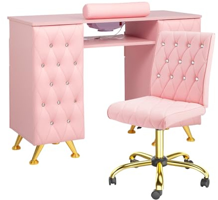OmySalon Manicure Table w/Dust Collector, Nail Desk for Nail Tech, Nail Station with Storage, for Makeup Beauty Spa Salon, w/Hand Rest, Acetone Resistant (Pink, Table & Chair Set)