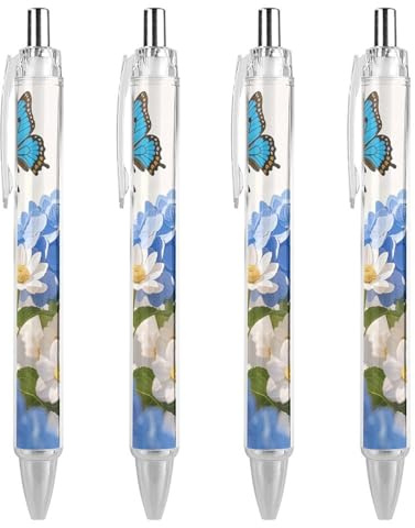 GHBNK Hydrangeas Daisies Butterflies Ballpoint Pens Retractable Ball Point Pens Black Ink 0.5mm Fine Point Smooth Writing Pen Office Supplies 4 PCS