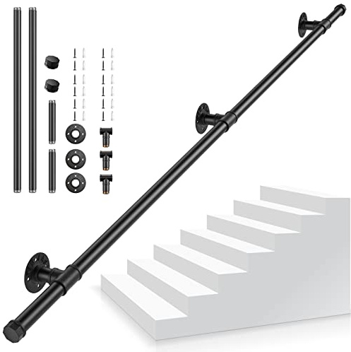 Pasamanos Escalera, 2M Pasamanos para Escaleras Interior Exterior, Pasamanos Negro con tubo de acero Galvanizado Industrial Antideslizante, Barandilla Escalera para Cocina Baño Jardín