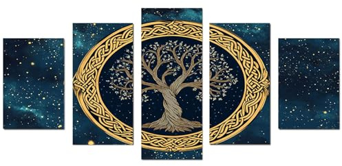 TODOAA 5 pezzi Astratto Quadri Soggiorno Grande Albero della vita Albero Blu Oro Retrò Pittura Moderni Poster - Camera da letto Ufficio Decorazioni(Oro)-120x250cm Non incorniciato