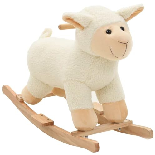 GeenYuu Schaukeltier Schaf Plüsch mit Metallrahmen und Holzsockel 78x34x58 cm Weiß für Kinder ab 24 Monaten Indoor Outdoor Spielzeug Wippe Reittier mit Polster Griff und Kippschutz