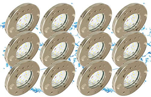 Trango 12er Set IP44 LED Einbaustrahler 6729IP-122B Einbauleuchten Badleuchte I Deckenspots I Deckenstrahler in Nickel matt für Bad Dusche Sauna incl. 12x 3 Watt LED Leuchtmittel 3000K warmweiß
