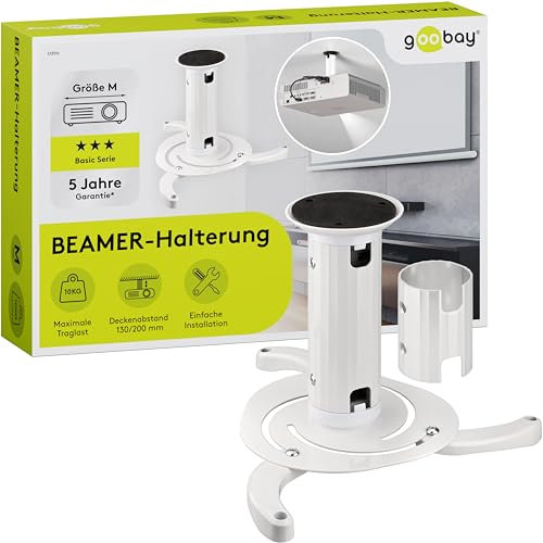 Goobay BeamerFlex Projektor-Deckenhalterung – für kleine bis mittlere Größen (bis zu 10 kg) – beweglich um 15° neigbar und 360° schwenkbar – Höhenverstellung – einfache Installation – Weiß 51896