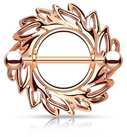 Paula & Fritz® Brustwarzen-Piercing Brustpiercing Frau Maenner Intimpiercing Mann Nippelpiercing Silber Gelbgold Roségold Schild Blätterkranz Edelstahl Chirurgenstahl 316L