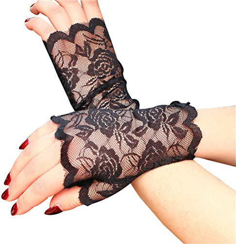 Tinksky Frauen Spitze Fingerlose Handschuhe Half Finger Braut Handschuhe UV Schutz Fingerlose Handschuhe Sunproof Handschuhe (Schwarz)