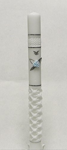 Taufkerze Kommunionkerze inkl. Tropfschutz und Beschriftung KW-BOST-011 Silber/Blau