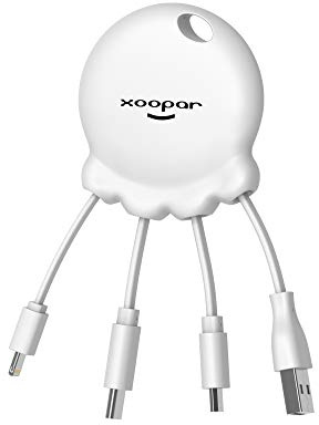 Xoopar - Octopus Booster Blanc - Powerbank 1000 mAh+ câble Multi connecteurs USB - Hub USB 4 en 1 : USB C, USB et Micro USB - Câble Chargeur Universel et Batterie Externe - Format Porte-clefs