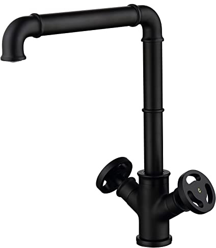 Cuisine Évier Robinet Vintage industriel Style Bec Pivotant Steampunk Double Volant Chauds et Froids Mélangeur Rétro Noir laiton lavabo Mitigeur