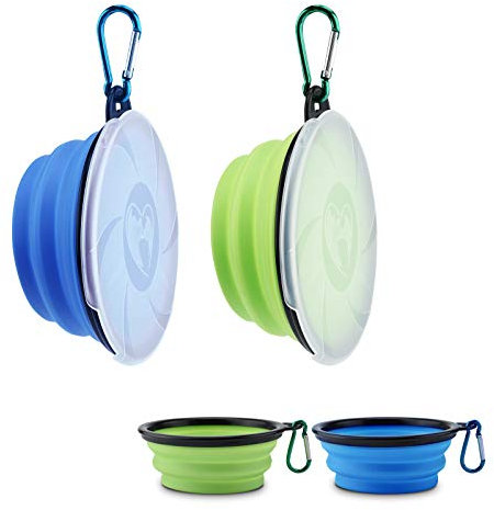Aoliandatong 2 Stück Hundenapf Faltbar, Haustier Reisenapf mit Deckel und Haken, Tragbare Silikon Fressnapf, Hundeschüssel für Reise Spaziergänge Zwinger Camping(450ML, Blau und Grün)