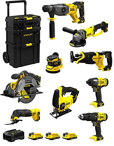 STANLEY FatMax Kit SVK900 (SFMCH900 + SFMCG400 + SFMCD711 + SFMCF800 + SFMCS500 + SFMCS600 + SFMCW220 + SFMCS300 + SFMCE500 + 3 Baterías de 2,0 Ah + Cargador + Carro 3en1)