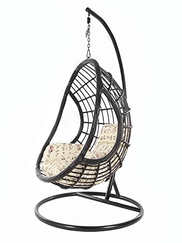 KIDEO großer Hängesessel inklusive Gestell und Kissen, Polyrattan, Korbsessel, schwarz (Kissen: Nest Grafikmuster [7050 travel])