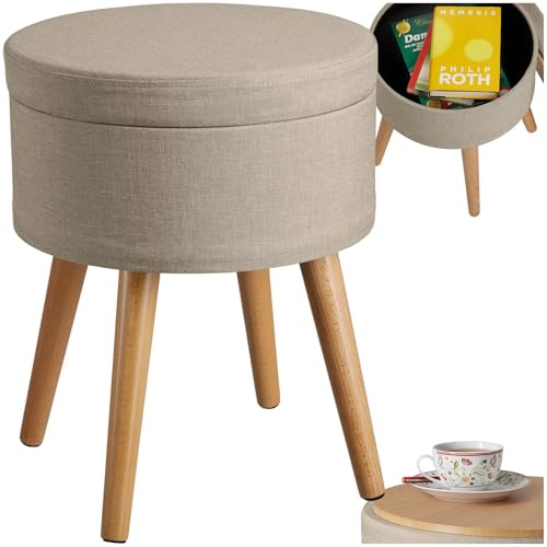 tectake® Hocker mit Stauraum, Sitzhocker mit Stauraum, Aufbewahrungsbox mit Deckel, Fußhocker, Hocker rund, Hocker Holz Beine, als Sitzbank Flur, im Wohnzimmer oder Schlafzimmer - Sand