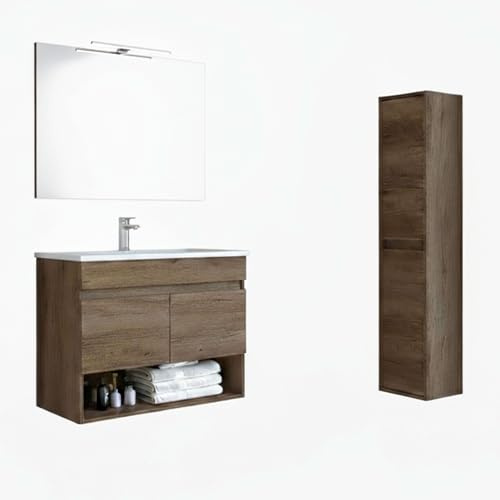 Miroytengo Pack de Muebles de Baño en Color Roble Nordik formado por Mueble de Baño, Columna, Espejo y Lavabo Cerámico