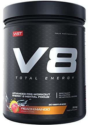 V8 Total Energy – Pre Workout Booster – Trainingsbooster – CarnoSyn®, BetaPower®, natürliches Koffein – Vegan – Zuckerfrei – 20 Portionen – Made in Germany – Peach Mango