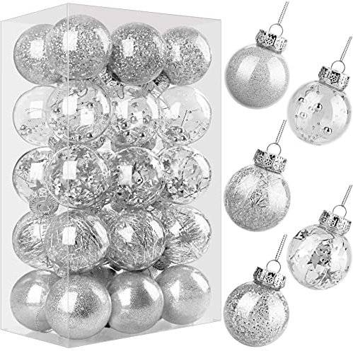 Weihnachtskugeln Christbaumkugeln Kunststoff Silber 6 cm 30 Stück, Weihnachtsbaumkugeln Plastik mit Schlüsselband, Weihnachtsbaumschmuck Christbaumschmuck Baumschmuck Weihnachten Set Weihnachtsschmuck