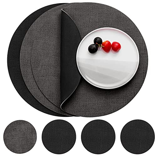 Myir JUN Tischsets Abwaschbar Leder und Untersetzer, Doppelseitigen Platzset Rund Ø 36cm 4er Set rutschfest Glasuntersetzer Platzdeckchen Leder Kunstleder Tischset (Grau Schwarz, 4er Set)