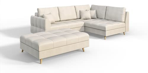 S-Style Möbel Monaco Viersitziges Ecksofa mit Hocker Skandinavische Moderne Ecksofa Mikrofaser Stoff 231cm x 161cm x 81cm Modern Lose Rückenlehnenkissen Holzbeine Eckseite Rechts Farbe Ecru