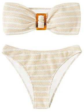 GORGLITTER Women's Strapless Bandeau Swimsuits 2026 Striped High Waisted Thong Bikini Set Cheeky Sexy Bathing Suit Khaki Medium
