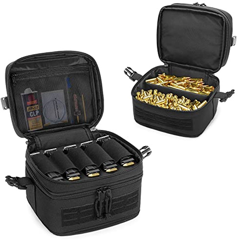 GOBUROS Tactical Pistol Magazine Storage Bag with 5 Mag Slots, Double Layer Mag Pouch with Separated Ammo Storage Space, Hard Bottom Support and Lockable Zipper