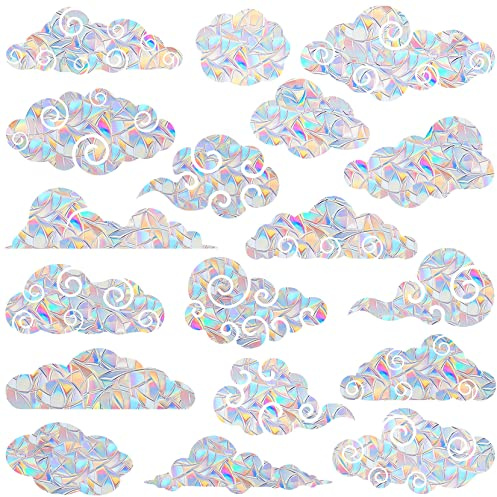 AREAWA Rainbow Cloud Window Clings - 18 Pc Non-Adhesive Vinyl Decals, Bird Strike Deterrent, Rainbow Stickers for Glass Doors, Reusable, Indoor Use