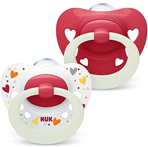 NUK Signature Night Babyschnuller | 18-36 Monate | Beruhigt 95 % der Babys | BPA-freie Silikonschnuller in Herzform | Leuchtet im Dunkeln | Mit Etui | Rote Herzen | 2 Stück