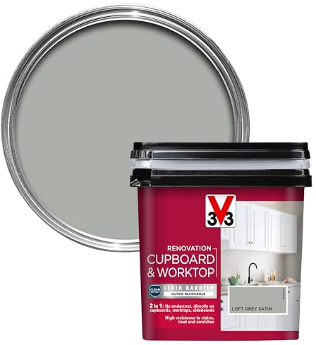 V33 Renovation Cupboard & Worktop Paint - No Undercoat Needed - High Resistance to Water Stains & Scratches - Ultra Washable - Loft Grey Satin 750ml