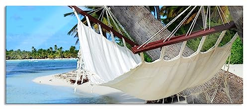 Pixxprint Glasbild Panorama, Wandbild aus Echtglas, Gemütliche Hängematte am Strand, 100x40 cm, inkl. Aufhängung und Abstandshalter